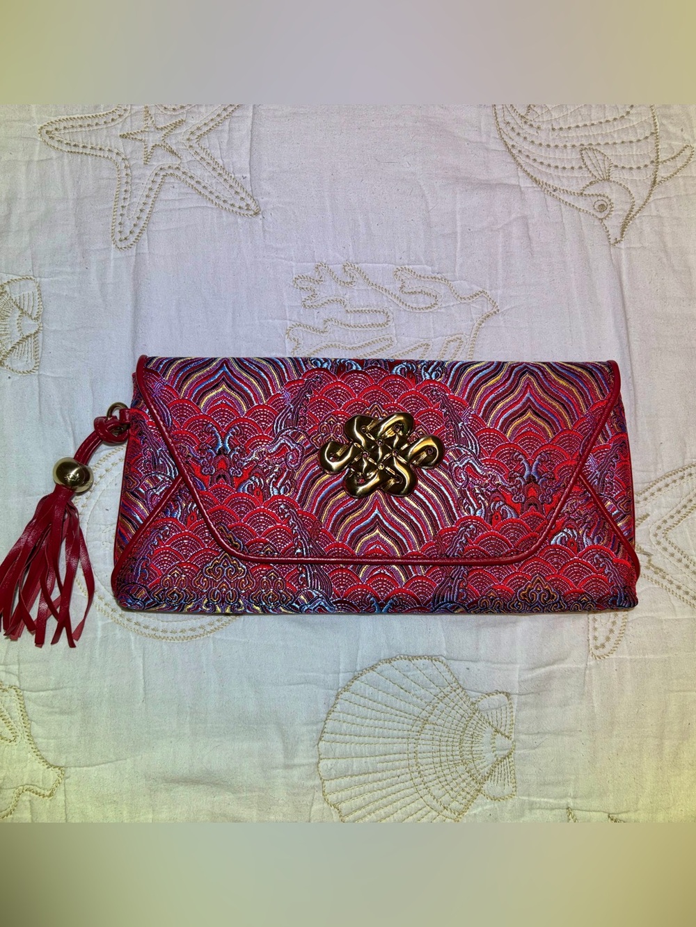 NWOT Luxury Brand Desti Saint Red Embroidered Tassel Clutch Bag